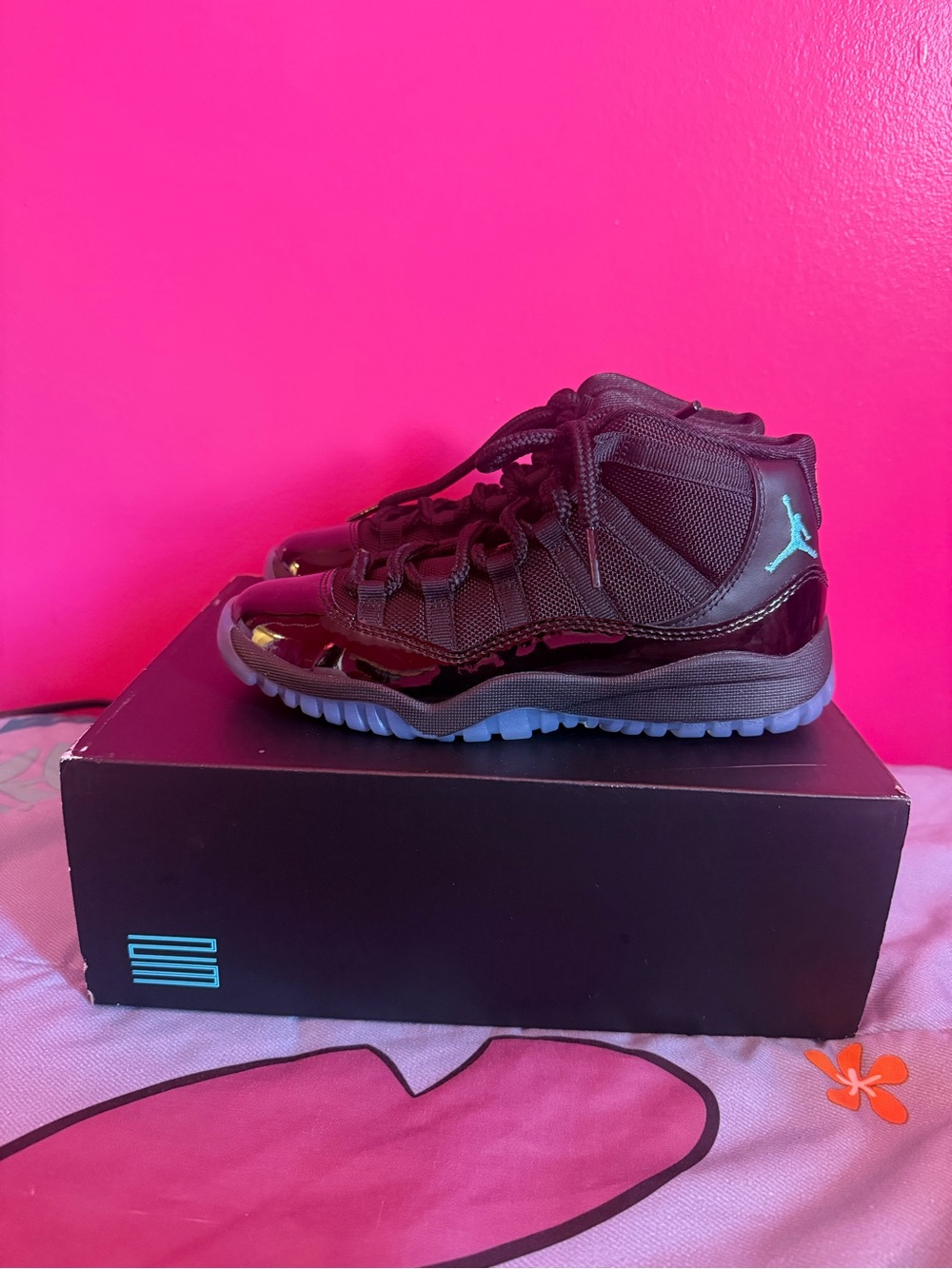 Jordan Kids Black with Teal Jumpman Retro 11 Sneakers